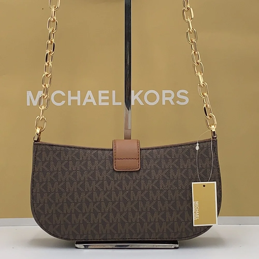 MICHAEL KORS Carmen Small Shoulder Pochette Bag BROWN SIGNATURE COLOR  NWT